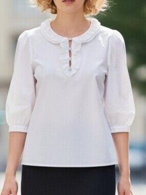 Kate Spade White Ruffle Collar Rhinestone Button Top Women's Sz L Classic Blouse